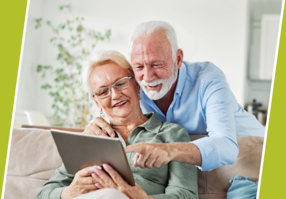 Senior couple reviewing retirement financial assessment on tablet at Sun Health At Home